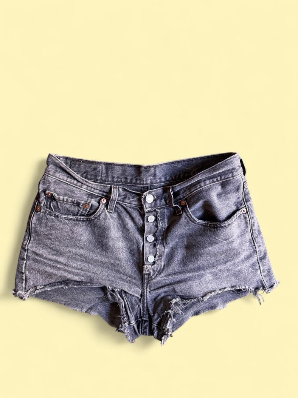 High-Rise Distressed Denim Shorts - Gray